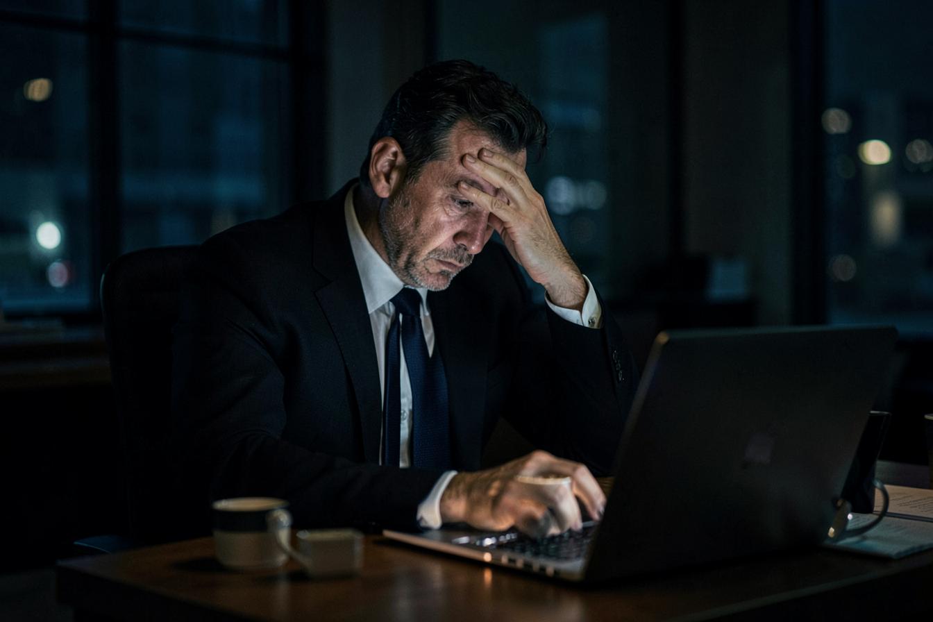Stressed executive working late at night, experiencing fatigue and brain fog