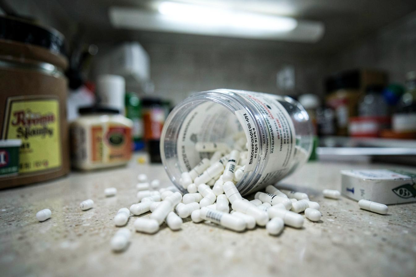 Generic low-absorption supplement capsules spilling from a bottle