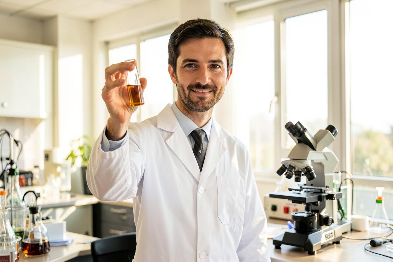 Researcher examining an advanced magnesium formula sample in a laboratory