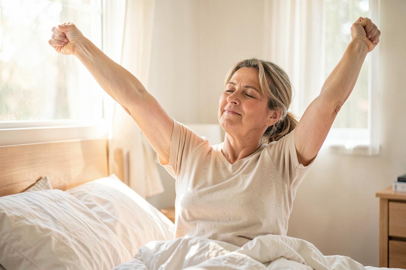 Woman waking up refreshed and energized after deep, restorative sleep